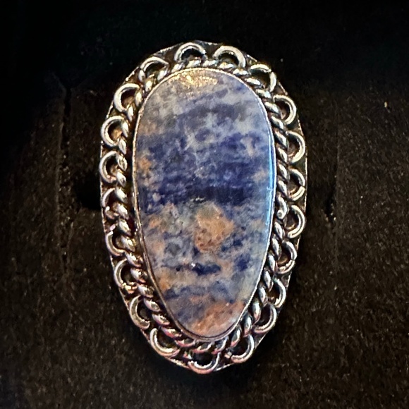 None Jewelry - Blue Sodalite Teardrop Shape Stone Silver Plated Brass Adjustable Ring